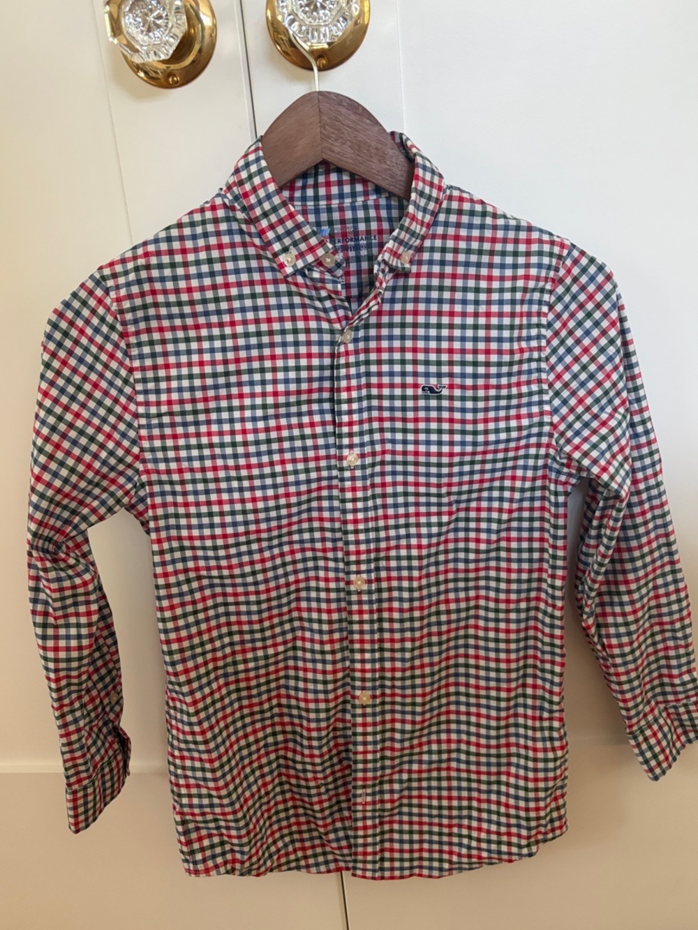 Vineyard Vines Boys Red Navy Green White Gingham Button-Down Shirt, no ironing